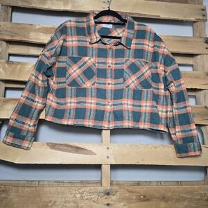 Mila & Tiff plaid flannel cropped shirt Size:XL Color:Green/Orange